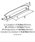Diagram showing Aloft Satin Nickel Cabinet Edge Pull 4 And Nine Sixteenths Inch Center To Center dimensions and profile# 36744