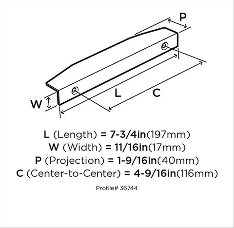 Diagram showing Aloft Satin Nickel Cabinet Edge Pull 4 And Nine Sixteenths Inch Center To Center dimensions and profile# 36744
