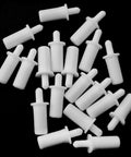 Twenty Piece Collection Of Spring Loaded Shutter Louver Replacement Pins Providing A No Sweat Upgrade For Fast Air Vent Repairs Using Heavy Duty Matte White Plastic Components in white plastic.