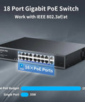 16 Port Gigabit PoE Switch With 2 Gigabit Uplinks, 250W Power Budget, shown on a desk-friendly metal desktop.
