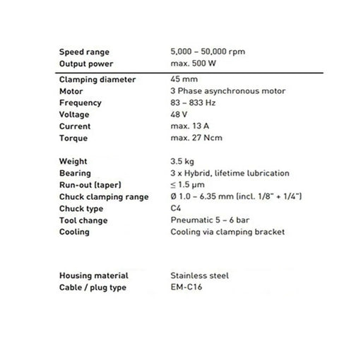 Specifications of Heavy Duty Water Cooled PCB Spindle Motor Using Angular Contact Ball Bearings Axial Preload And Silent Cooling Setup.