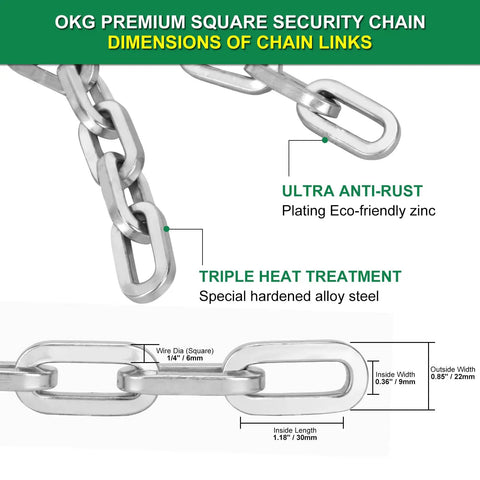 Tough As Nails Cut Proof Security Chain For Outdoor Gates Fences And Yards crafted from ultra hardened alloy steel, dimensions shown.
