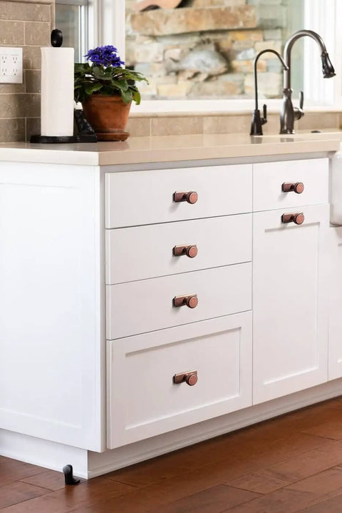 Antique Copper Cabinet Knobs With Backplates Zinc Alloy Drawer Pulls 6 Pack on white kitchen drawers next to a sink