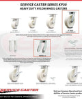 Pro Grade Kingpinless Nylon Swivel Top Plate Caster, 8 inch white wheel, heavy duty, 1400 lb capacity, shown with various caster models.