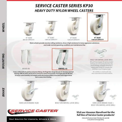 Pro Grade Kingpinless Nylon Swivel Top Plate Caster, 8 inch white wheel, heavy duty, 1400 lb capacity, shown with various caster models.