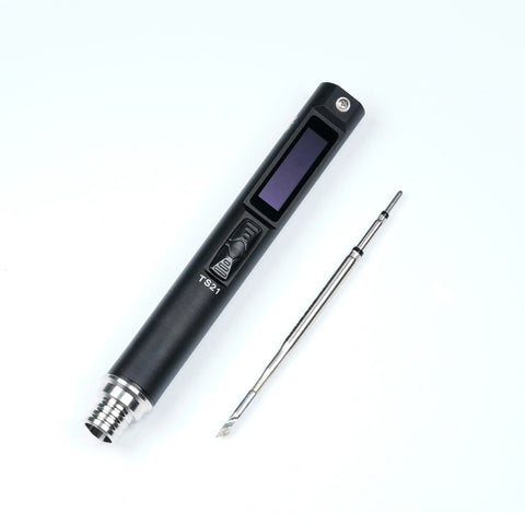 TS21 Pro Grade Soldering Iron Kit with OLED display and KU solder tip, showcasing black aluminum body and precision tip, USB-C powered.