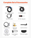 Complete set of accessories for 3 In One Plasma Cutter Welder Combo Machine with torch, electrode holder, gauges, and goggles.