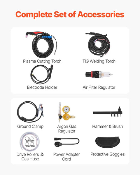 Complete set of accessories for 3 In One Plasma Cutter Welder Combo Machine with torch, electrode holder, gauges, and goggles.