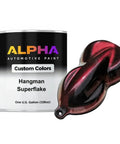 Fresh High End Automotive Paint Basecoat With Large Metallic Flake And Deep Color Shift Effect, showing 1 gallon can and flake sample.