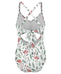 Back view of One Piece Women Swimsuit With Removable Padded Cups, Pink Flamingo And Leaves Rash Guard Style, Size X Large