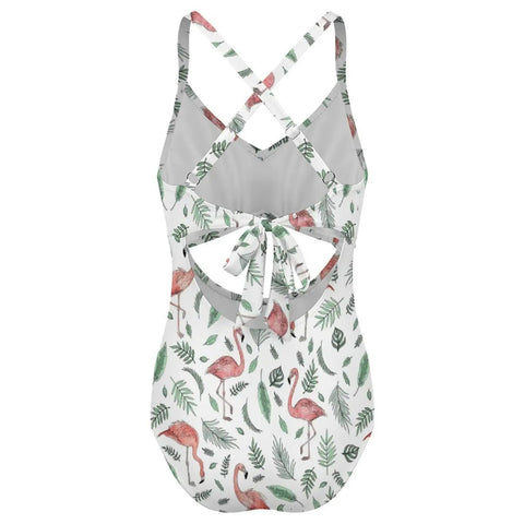 Back view of One Piece Women Swimsuit With Removable Padded Cups, Pink Flamingo And Leaves Rash Guard Style, Size X Large
