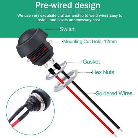 Diagram of 12mm Momentary Push Button Switch On Off Mini Round Waterproof Black With Pre Soldered Wires Pack Of Six