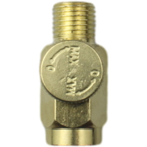 Brass In-Line Air Flow Regulator Adjustable 1/4 Inch NPT Male shown close-up with threaded design for precision air pressure control.