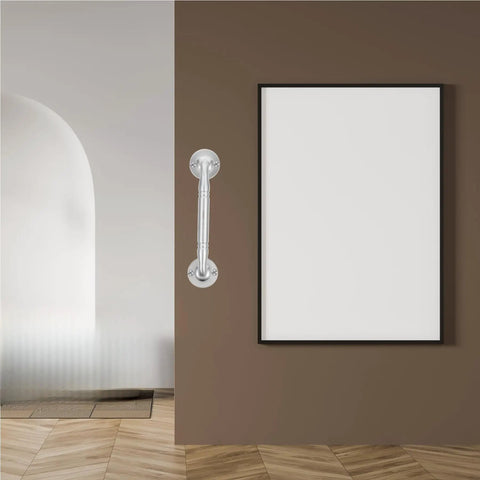 Heavy Duty 201 Stainless Steel Push Pull Door Handle Grab Bar For Gates Entrances And Sheds Durable Metal Door Pull With Screws 13mm Diameter And 6.65 Inch Length Ideal Outdoor Door Hardware. Mounted on brown door