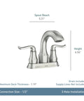 Hamden Spot Resist Brushed Nickel Two Handle 4 Inch Centerset Bathroom Faucet with height and spout reach dimensions shown.
