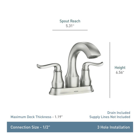 Hamden Spot Resist Brushed Nickel Two Handle 4 Inch Centerset Bathroom Faucet with height and spout reach dimensions shown.