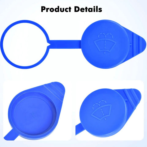 Direct Fit Windshield Washer Fluid Cap Replacement Fits Ford Focus 2012 2013 2014 2015 2016 2017 2018 Ford Transit Wiper Fluid Tank Cover Easy Install Durable Seal For Leak Free Performance And Long Lasting Fit, shown open and closed in blue plastic from front and side view.