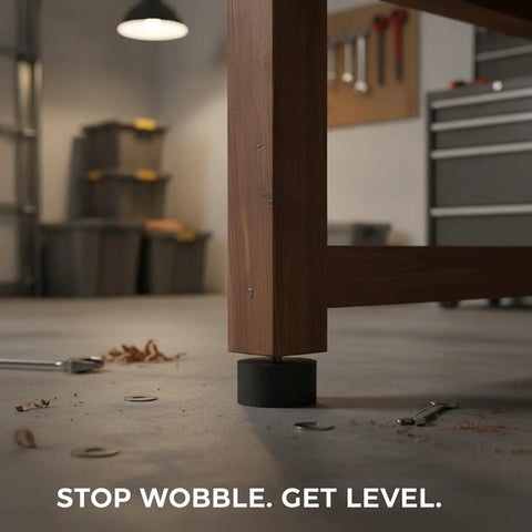Heavy Duty Adjustable Leveling Foot with Rubber Base on Wooden Furniture Leg for Uneven Floors to Stop Wobble, Scene in Workshop