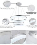 Two Ring LED Pendant Light With Adjustable Wires Dimmable Chandelier For Your Living Room Bedroom Kitchen Island And Dining Area 6000K Cool White Modern Silver Finish Dope Energy Saving Long Lifespan, showing construction materials and features.