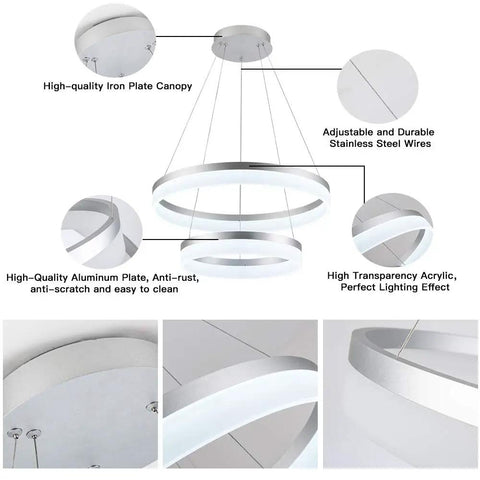 Two Ring LED Pendant Light With Adjustable Wires Dimmable Chandelier For Your Living Room Bedroom Kitchen Island And Dining Area 6000K Cool White Modern Silver Finish Dope Energy Saving Long Lifespan, showing construction materials and features.