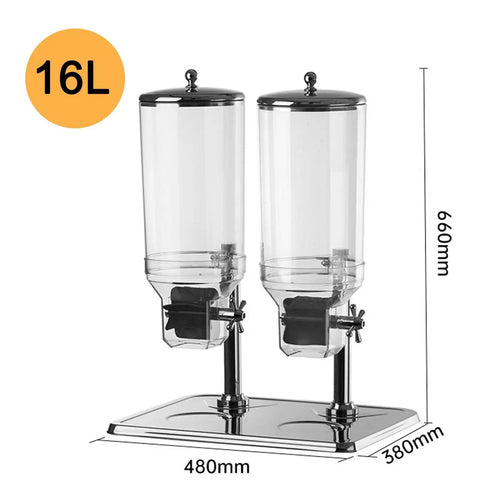 Top Shelf Countertop Cereal Dispenser With Dual 16 Liter Chutes For Nuts Snacks And Dry Grains, transparent dual bins on steel base.