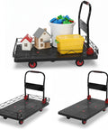 2 In 1 Silent TPR Wheels Hand Truck With Steel Wire Fence And Large Platform For Heavy Duty Hauling, Converts From Flat Cart To Caged Carrier, Easy Maneuver, Durable Steel Frame For Home, Shop, And Job Site. Black steel hand truck with cage and flat cart modes.