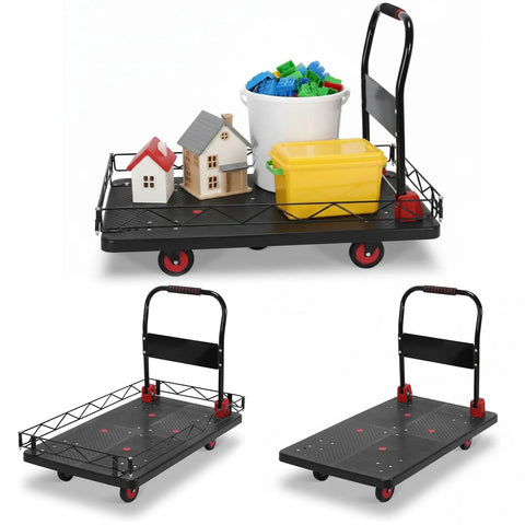 Two In One Cage Cart Dolly With Removable Fence And Foldable Platform Heavy Duty 2000 Lb Capacity Five Wheel System Swivel Wheels For Home Garage Warehouse And Job Site Moving, black steel dolly with loaded cage and foldable platform