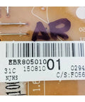 Close-up of EBR80501001 washing machine control board serial label showing model and barcode for No Sweat Replacement Washing Machine Control Board Compatible With LG Models EBR80501001 EBR80342102 Straight Up Direct Fit Installation Solid Electronic Panel For Smooth Washer Fix And Dependable Home Appliance Uptime.