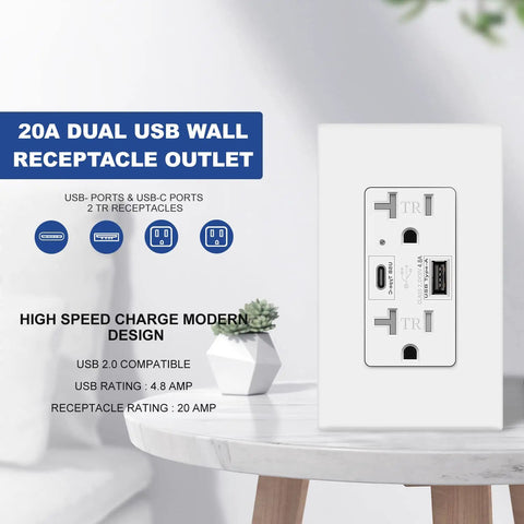 Turbo Fast Charge USB C Outlet With 24W Power Delivery And USB A Dual Port Receptacle 125 Volt 20 Amp Tamper Resistant
