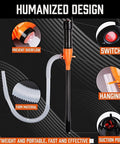 HORUSDY battery-powered handheld fuel transfer pump with orange/black housing, clear hose and switch