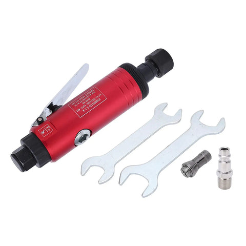 Pro Level High Speed Pneumatic Die Grinder With Adjustable Intake And 25000 RPM Air Motor, red steel tool with two wrenches.