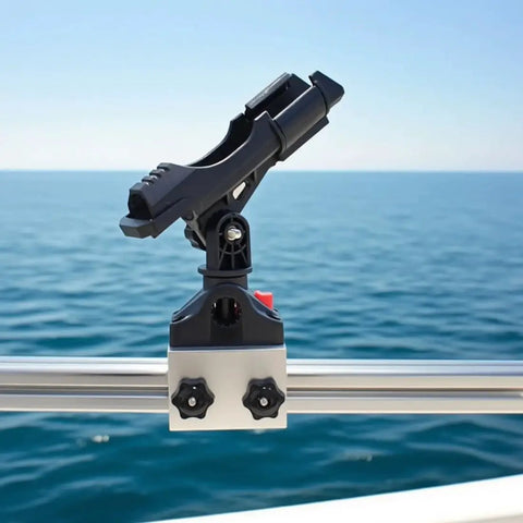 Heavy Duty Fishing Rod Holder for 90 Degree Boat Track System Side Mount with Aluminum Bracket Base 360 Degree Rotating for Versatrack Ranger Track System Bass Tracker and Track Boats, black rod holder on aluminum rail