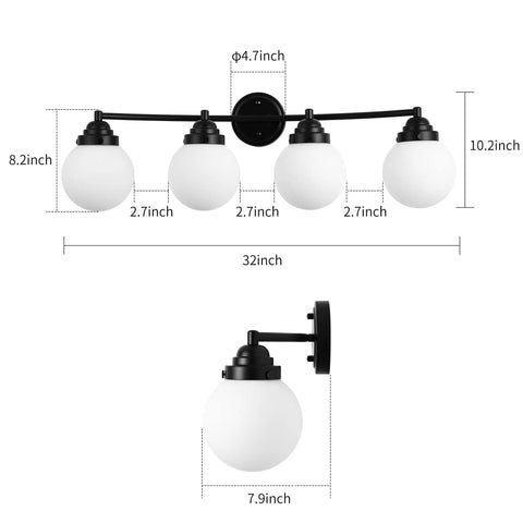 Dimensions of Matte Black Four Light Bathroom Vanity Fixture With Frosted Globe Glass Mid Century Modern Up Down Mount Over Mirror