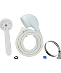 VersaSpray Portable Handheld Shower Sprayer For Bathtubs Without Diverter Fits Round Or Square Tub Spouts White 1 Pack Easy Install No Diverter Needed Today product components including handheld sprayer, hose, and clamp