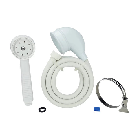 VersaSpray Portable Handheld Shower Sprayer For Bathtubs Without Diverter Fits Round Or Square Tub Spouts White 1 Pack Easy Install No Diverter Needed Today product components including handheld sprayer, hose, and clamp