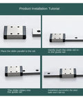 Installation steps of Precision Linear Rail Kit For 100 To 570mm With C Type And H Type Carriage Blocks, showing rail and block.
