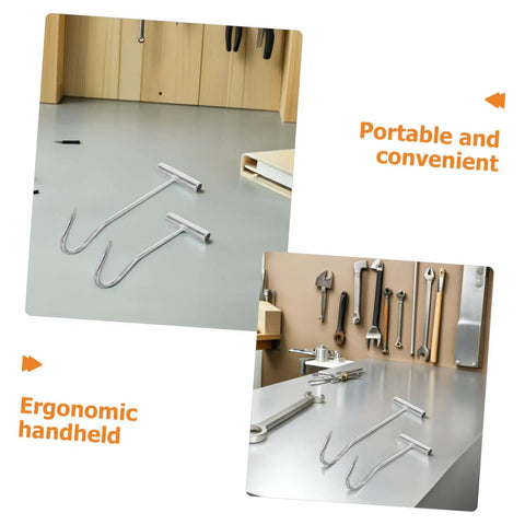 Heavy Duty T Handle Manhole Cover Hooks For Sewer And Septic Tanks Hella Tough Metal Lifters on workbench.