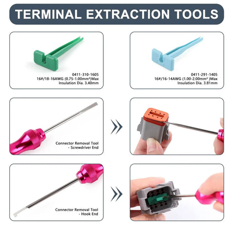 Terminal extraction tools showing hooks, screwdriver tool, and removal process for All In One Deutsch DT Connector Kit With 2 3 4 6 8 12 Pin Plugs Crimp Tool For 14 20 AWG Wires Pin Removal Tool Solid Contacts Waterproof Automotive Electrical Wire Connectors.