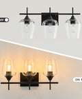 Three Light Black Vanity Light Over Mirror With Clear Glass Shades Sleek Modern Industrial Bathroom Wall Fixture Off and On