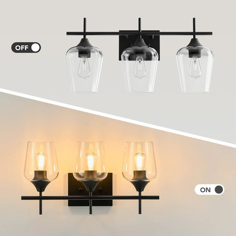 Three Light Black Vanity Light Over Mirror With Clear Glass Shades Sleek Modern Industrial Bathroom Wall Fixture Off and On