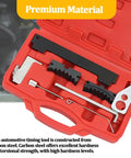 Top Shelf Car Timing Tool Kit Built like a Tank to Hold Your Engine Tight Includes Camshaft Belt Locking Pins and Tensioning Alignment Set Made from Tough Carbon Steel Fits 16V 1.4 1.6 1.8 Motors EN6340 KM6340 Garage Must Have Red Gear in red carrying case, showing precision metal components.