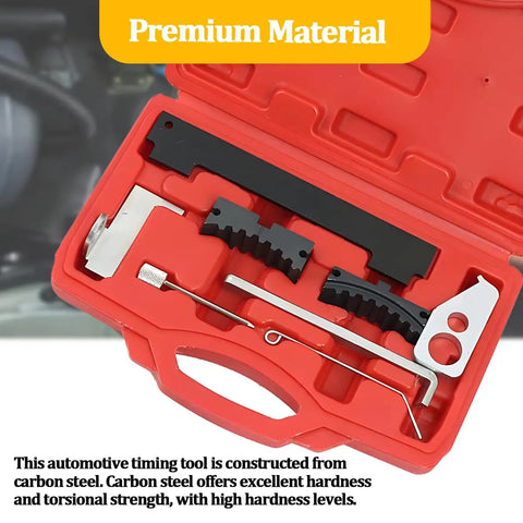 Top Shelf Car Timing Tool Kit Built like a Tank to Hold Your Engine Tight Includes Camshaft Belt Locking Pins and Tensioning Alignment Set Made from Tough Carbon Steel Fits 16V 1.4 1.6 1.8 Motors EN6340 KM6340 Garage Must Have Red Gear in red carrying case, showing precision metal components.
