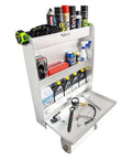 Trailer Door Cabinet Organizer With Flip Out Work Tray, Aluminum Garage Shop Storage System For Aerosols, Oils, And Tools