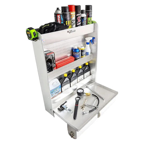 Trailer Door Cabinet Organizer With Flip Out Work Tray, Aluminum Garage Shop Storage System For Aerosols, Oils, And Tools
