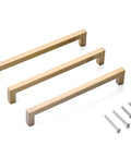 10 Pack 8 Inch Hole Center Champagne Cabinet Pulls in Stainless Steel square drawer handles with screws on white background