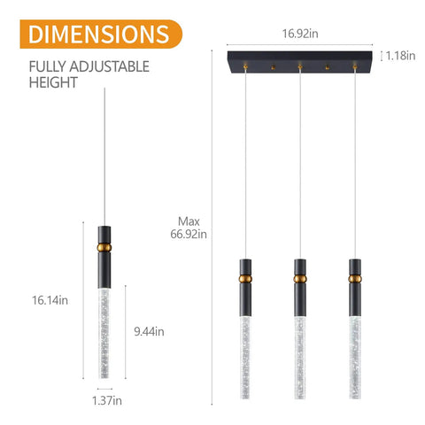 Dimensions and layout of Sleek Black Mini Pendant Lights Set Of Three Dimmable LED Crystal Bubble Pendants for kitchen island.