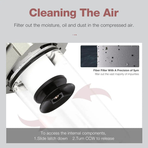 Half Inch Npt All In One Three Unit Frl Combo for Compressed Air showing poly bowl with metal guard and filter detail