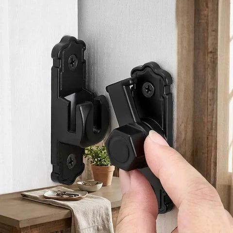Sleek Black Barn Door Latch Made From Aluminum Alloy Supporting 90 And 180 Degree Swivel, installed on a door with a hand adjusting it.