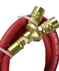 Heavy Duty 3 Foot 3/8 Air Hose Extender With Triple Manifold Quick Connector showing red hose and brass fittings.