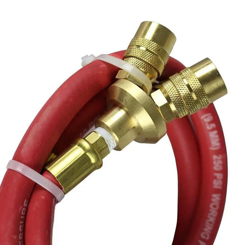 Heavy Duty 3 Foot 3/8 Air Hose Extender With Triple Manifold Quick Connector showing red hose and brass fittings.